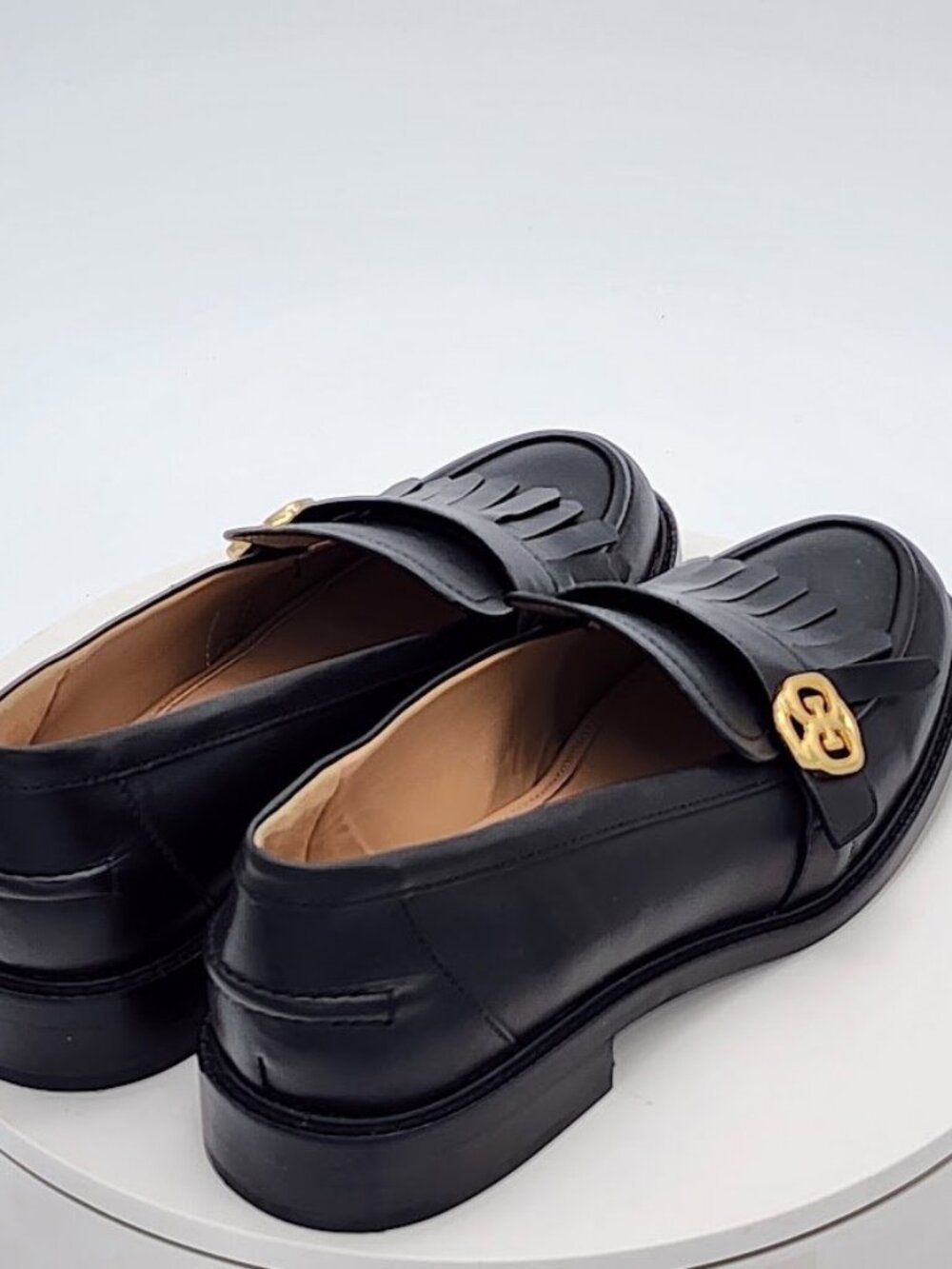 Black Leather Fringe Loafers with Gold Accent - Picture 3 of 9